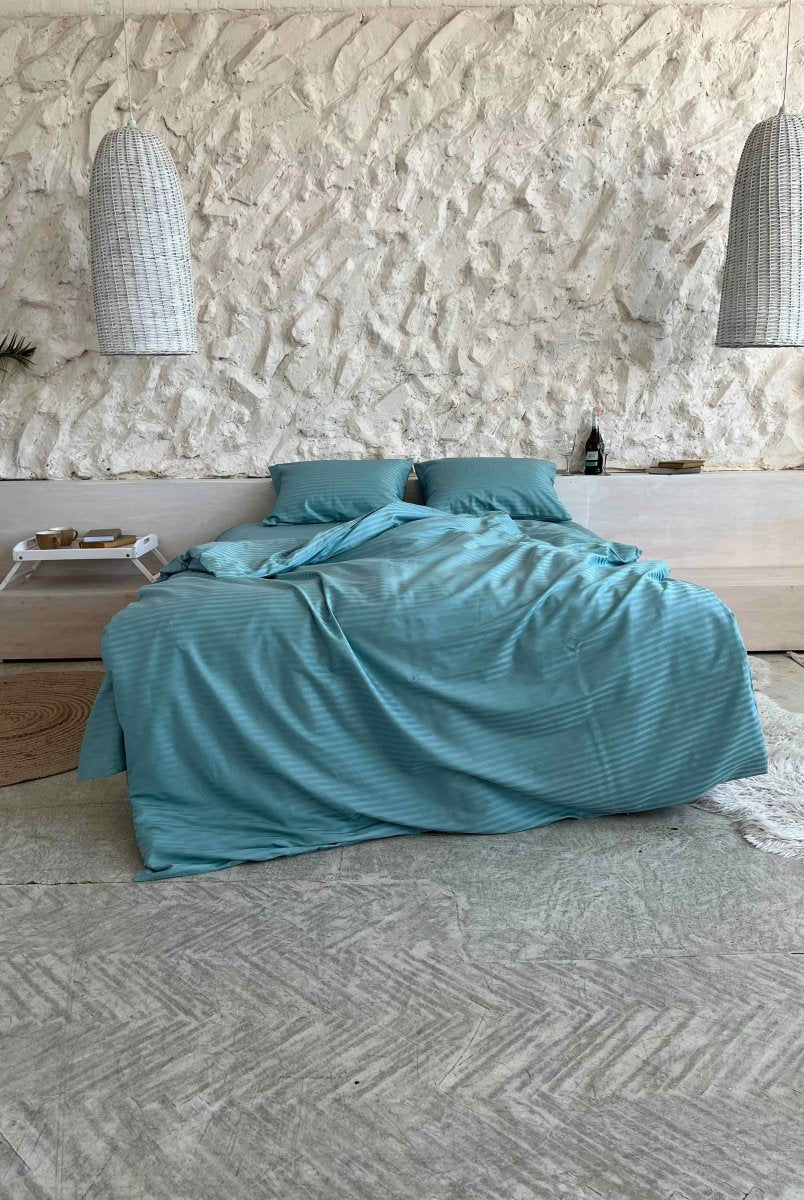 Literie en satin à rayures turquoise