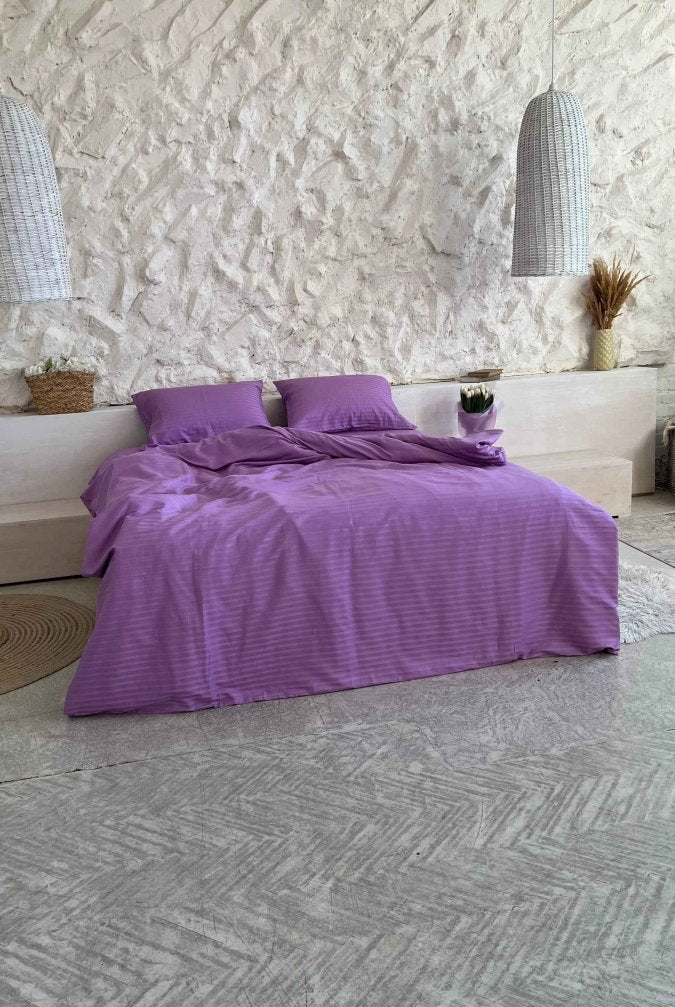 Literie en Satin Rayé – Violet, 100% Coton Turc, 140g, Hôtel Luxe