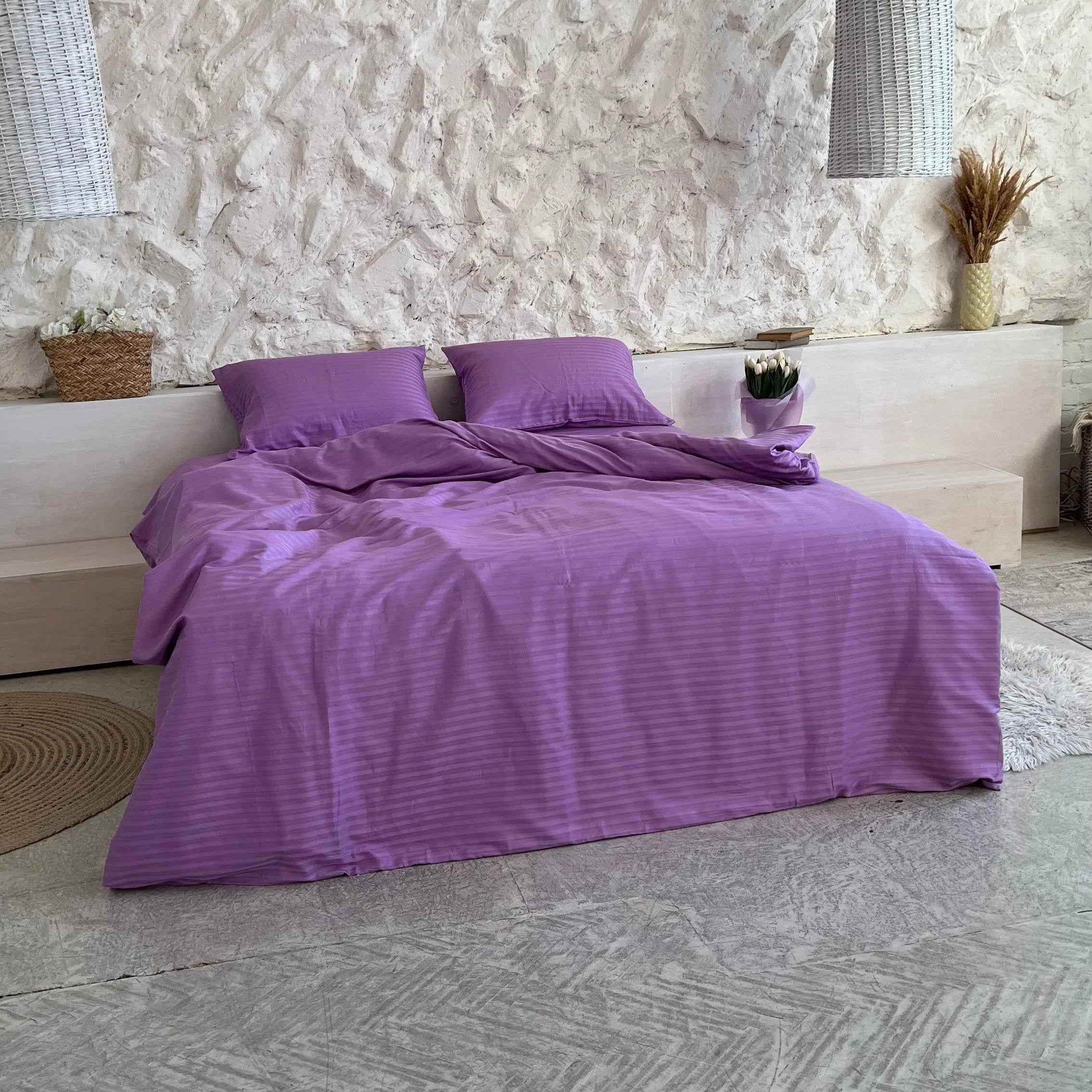 Pościel Satynowa w Paski – Fioletowa, 100% Bawełna Turecka, 140g, Luksus Hotelowy