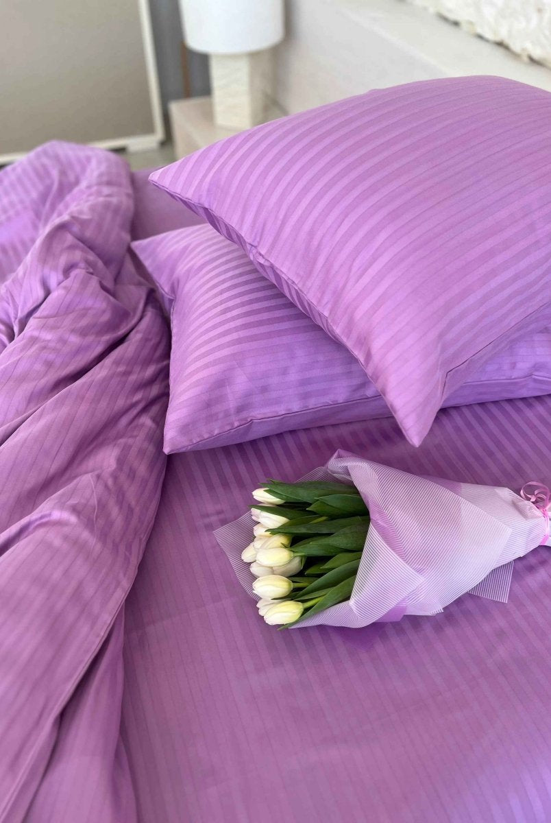 Literie en Satin Rayé – Violet, 100% Coton Turc, 140g, Hôtel Luxe