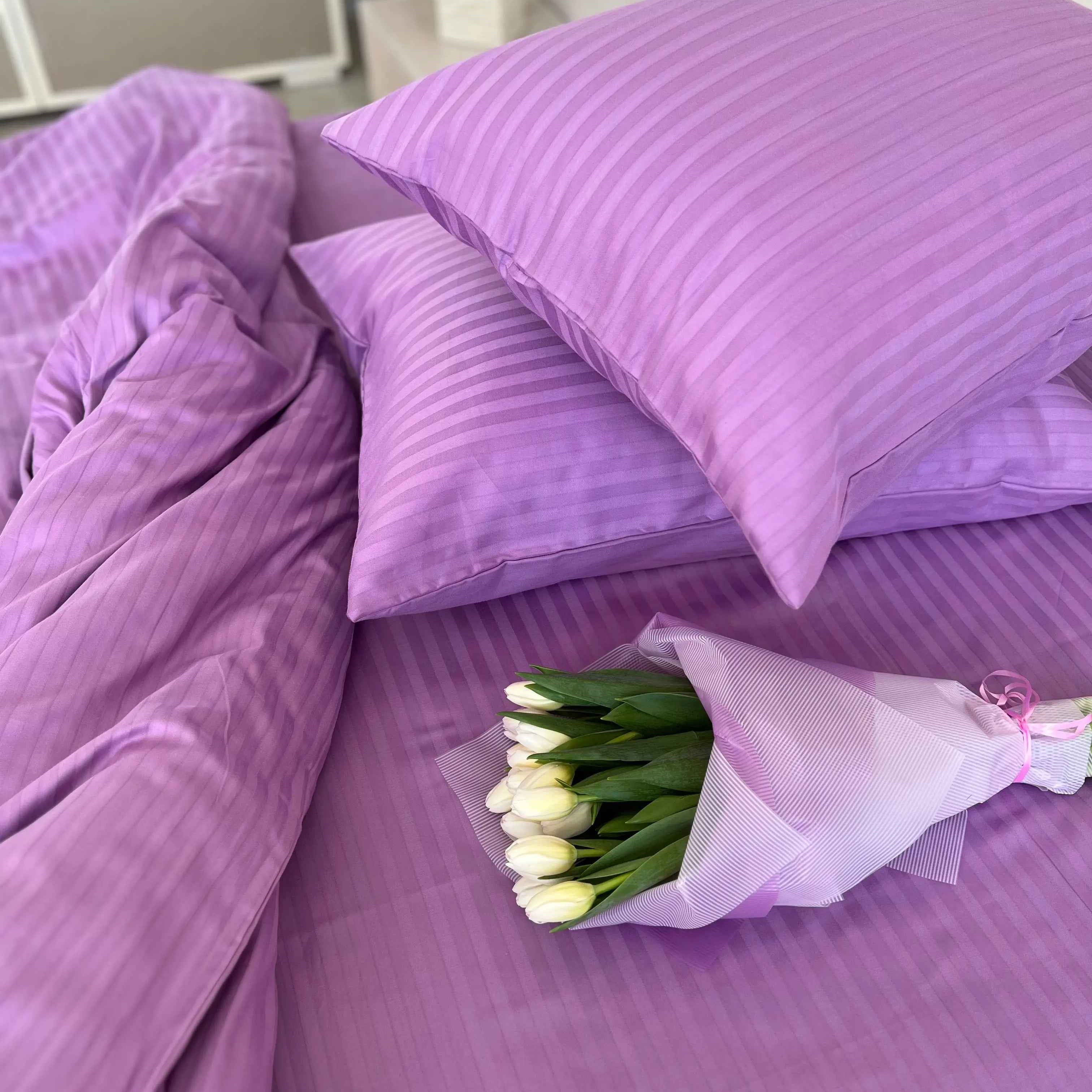 Pościel Satynowa w Paski – Fioletowa, 100% Bawełna Turecka, 140g, Luksus Hotelowy