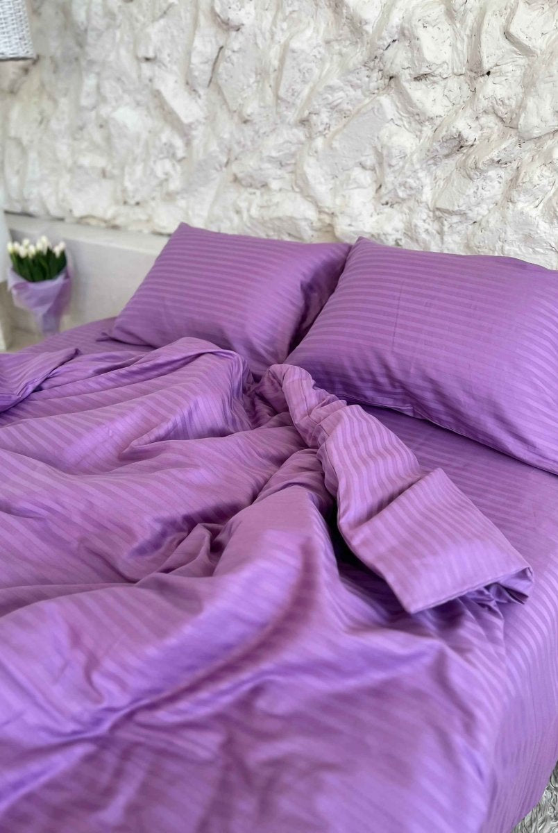 Literie en Satin Rayé – Violet, 100% Coton Turc, 140g, Hôtel Luxe