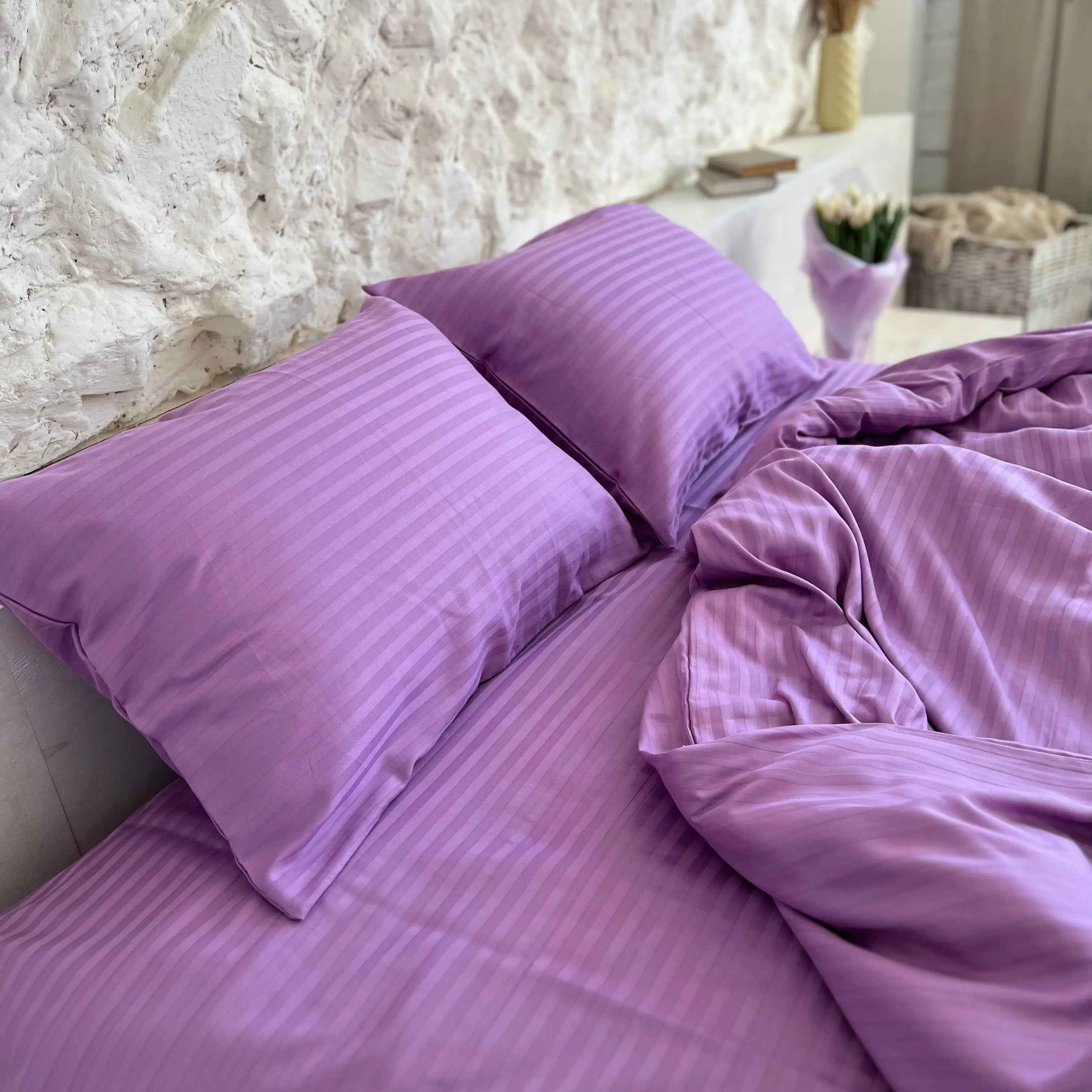 Pościel Satynowa w Paski – Fioletowa, 100% Bawełna Turecka, 140g, Luksus Hotelowy