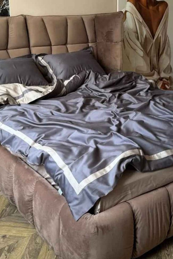 Literie en Satin Mercerisé – Bleu Argent & Champagne, 100% Coton Turc, 140 g/m², Édition Exclusive