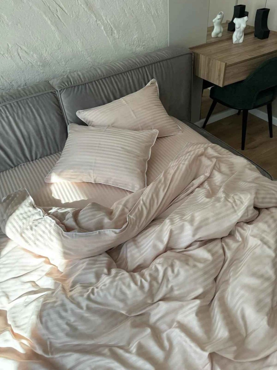 Mercerized Satin Bedding - Nude Striped with White Trim, 100% Turkish Cotton, 140 g/m², Premium Collection