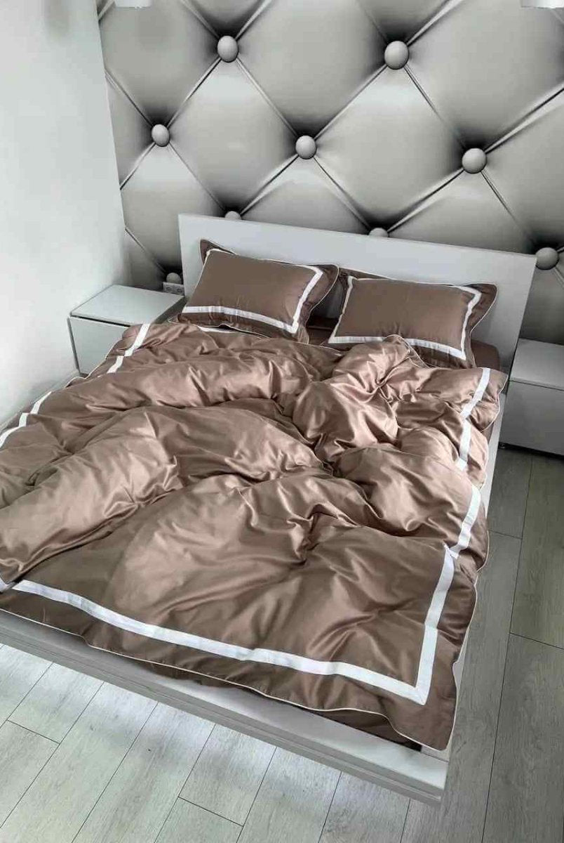 Literie en Satin Mercerisé – Cacao & Blanc, 100% Coton Turc, 140 g/m², Édition Exclusive