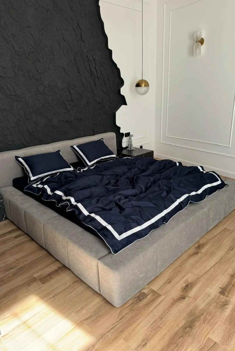 Literie en Satin Mercerisé – Bleu Marine & Blanc, 100% Coton Turc, 140 g/m², Édition Exclusive