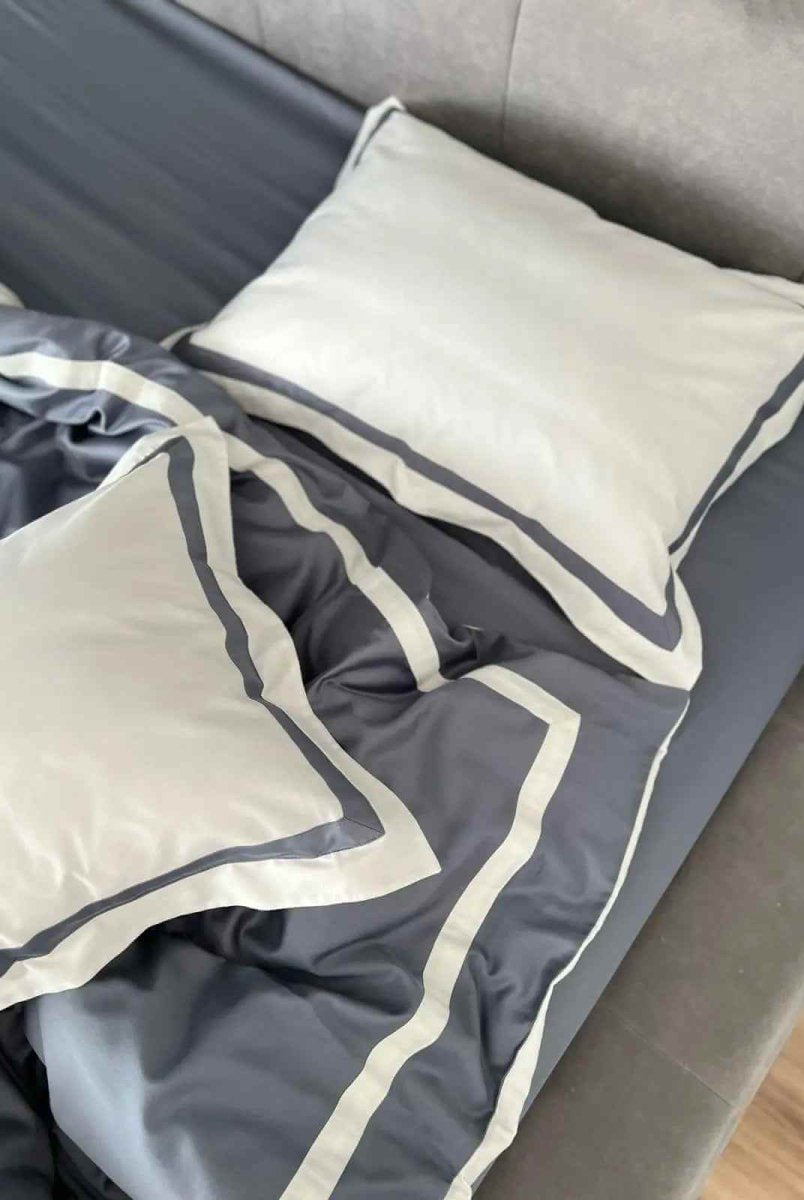 Literie en Satin Mercerisé – Gris & Blanc, 100% Coton Turc, 140 g/m², Édition Exclusive