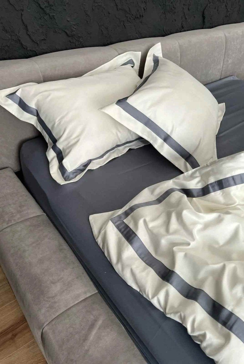 Literie en Satin Mercerisé – Gris & Blanc, 100% Coton Turc, 140 g/m², Édition Exclusive