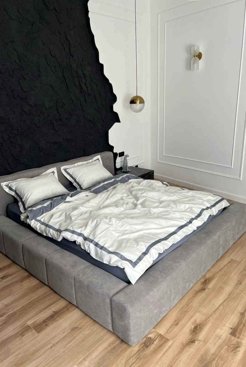 Literie en Satin Mercerisé – Gris & Blanc, 100% Coton Turc, 140 g/m², Édition Exclusive