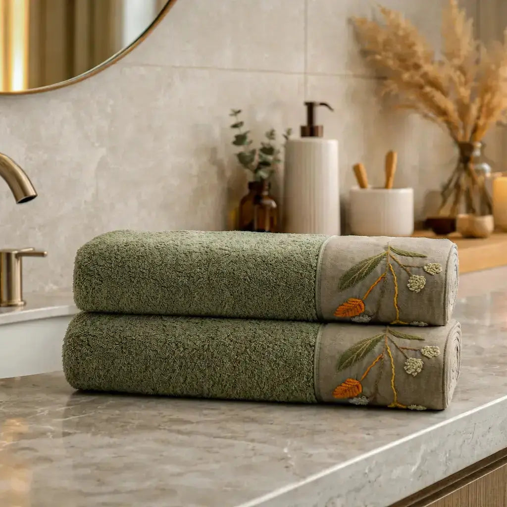 Zestaw 2 Ręczników Kąpielowych – Farah – Damski, 100% Organiczna Bawełna, Ręcznie Haftowany, Zielony Wivanco Bedding