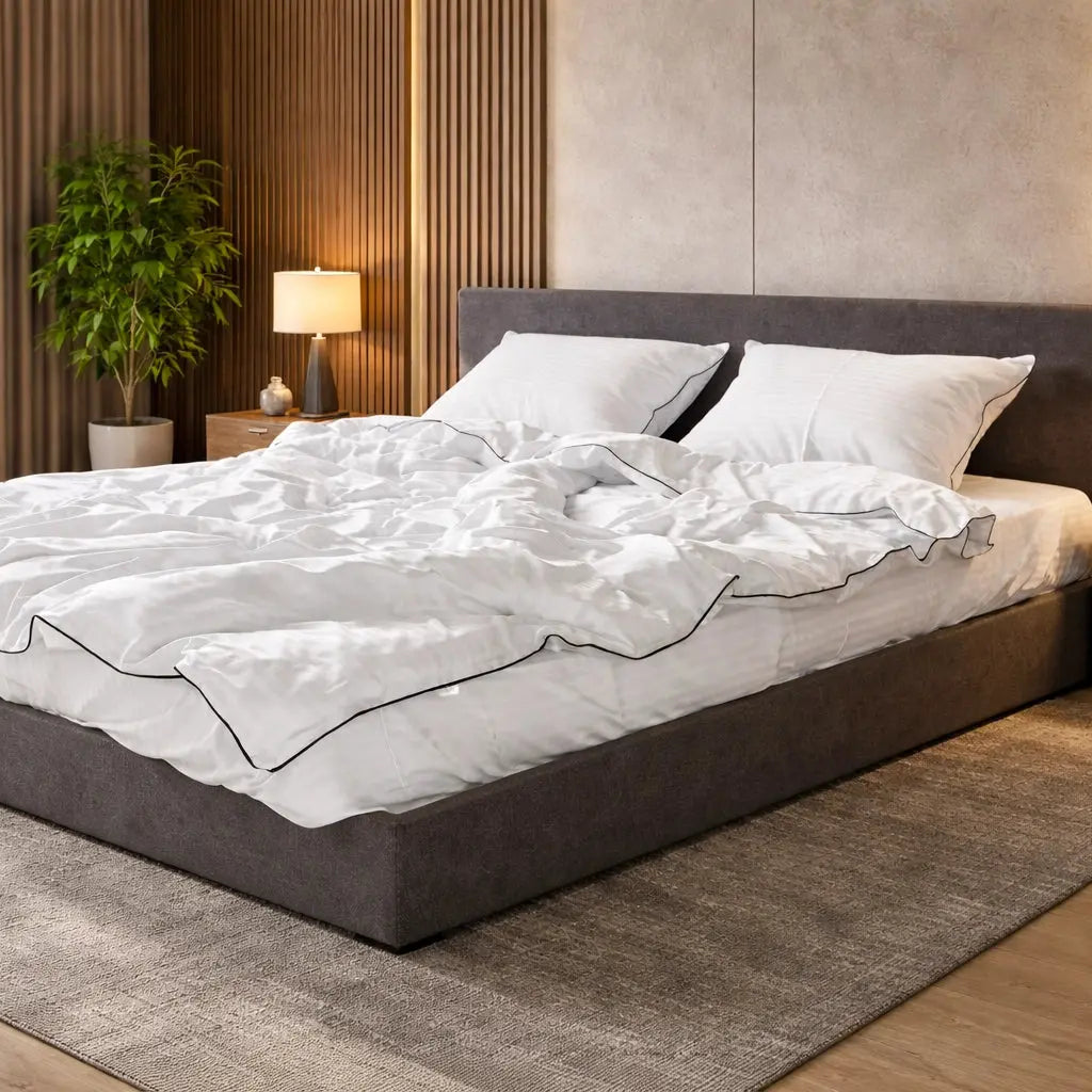 Pościel z Merceryzowanej Satyny z Czarną Lamówką w Pasy – Biała, 100% Bawełna Turecka, 140 g/m², Kolekcja Premium Wivanco Bedding