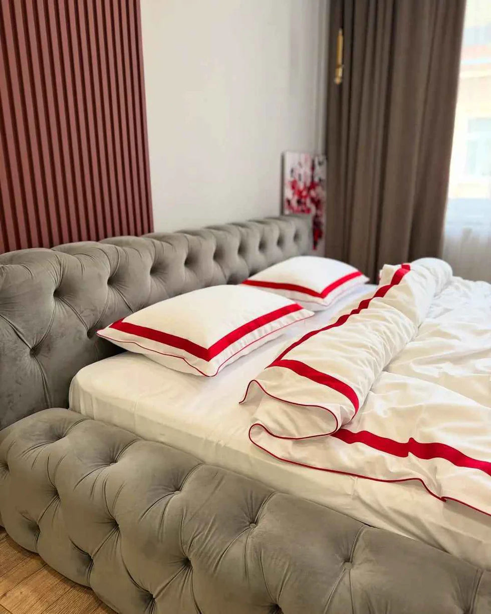 Mercerized Satin Cotton Bedding in Red & White – 100% Turkish Cotton, 140 g/m², Oxford Finish with Piping