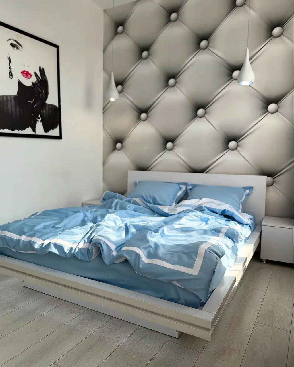 Mercerized Cotton Satin Bedding – Light Blue & White, 100% Turkish Cotton, Oxford Finish