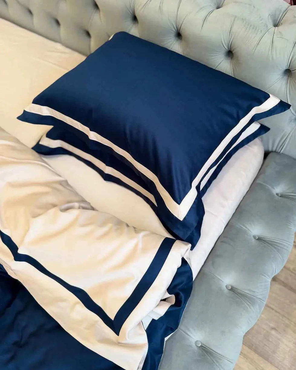 Mercerized Satin Cotton Bedding in Midnight Navy & Champagne – 100% Turkish Cotton Oxford Finish