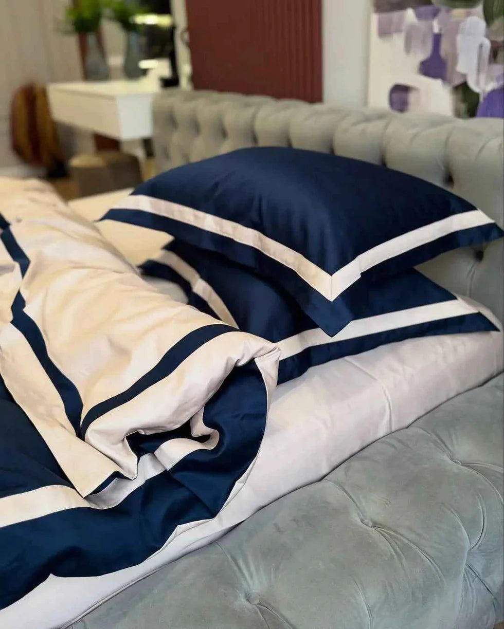 Mercerized Satin Cotton Bedding in Midnight Navy & Champagne – 100% Turkish Cotton Oxford Finish