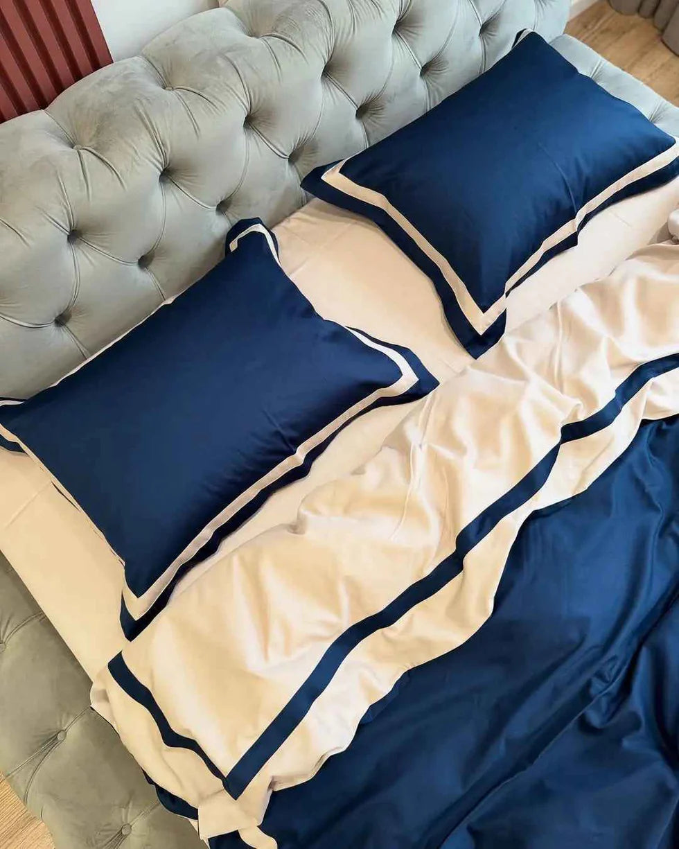 Mercerized Satin Cotton Bedding in Midnight Navy & Champagne – 100% Turkish Cotton Oxford Finish