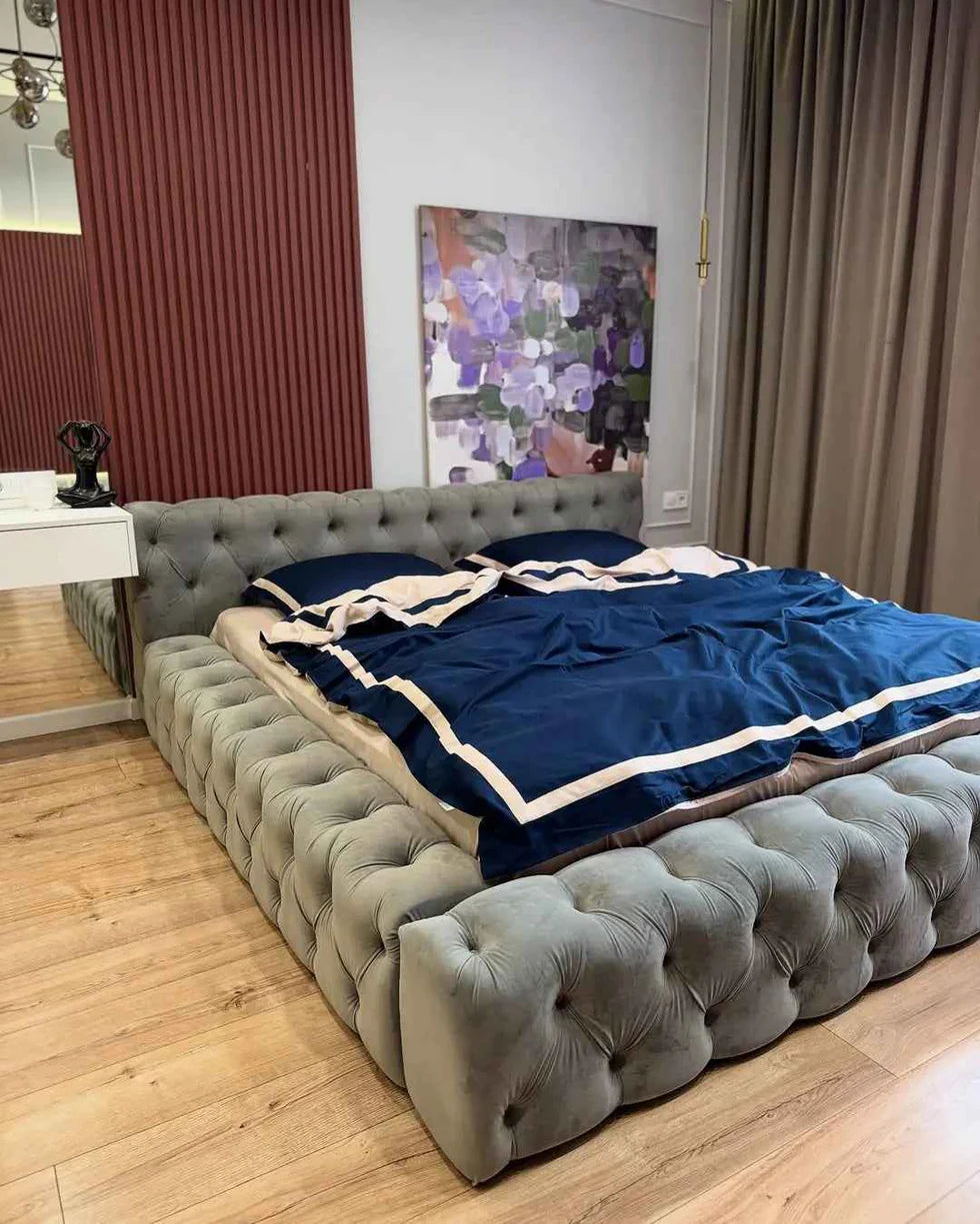 Mercerized Satin Cotton Bedding in Midnight Navy & Champagne – 100% Turkish Cotton Oxford Finish