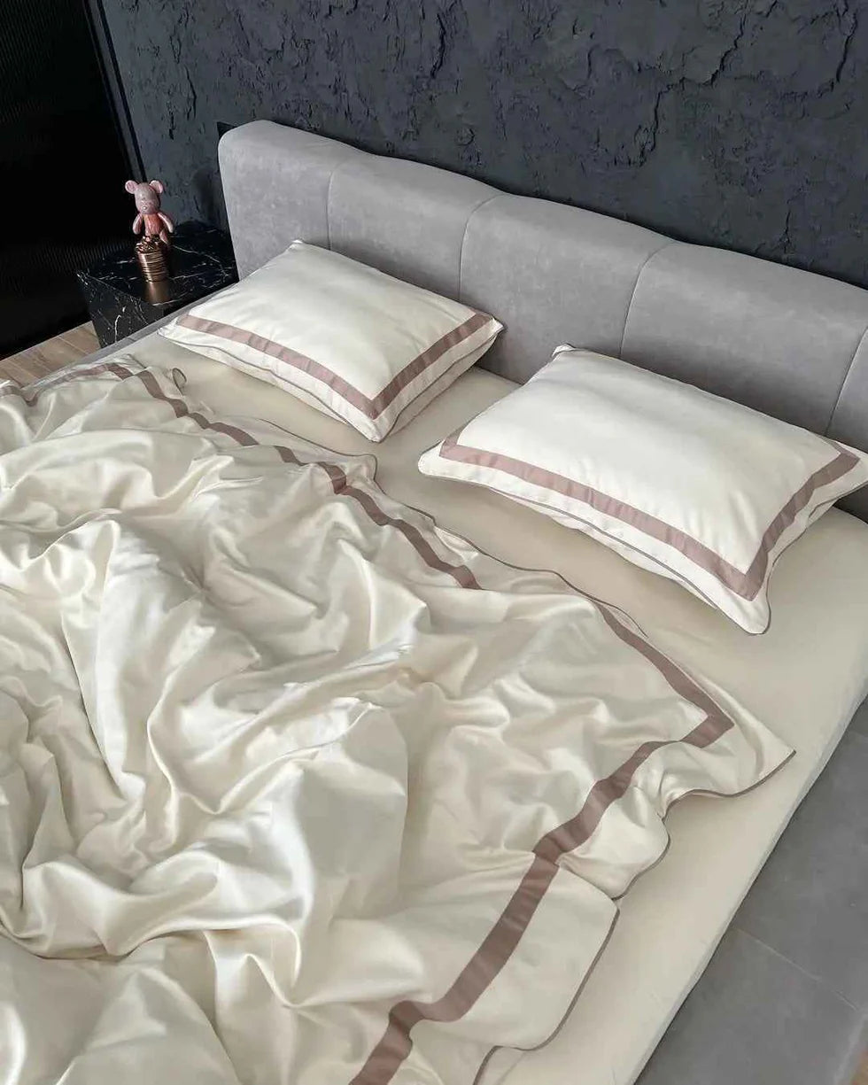 Mercerized Cotton Satin Bedding – Champagne & Cocoa, 100% Turkish Cotton, 140 g/m², Oxford Finish, Piping