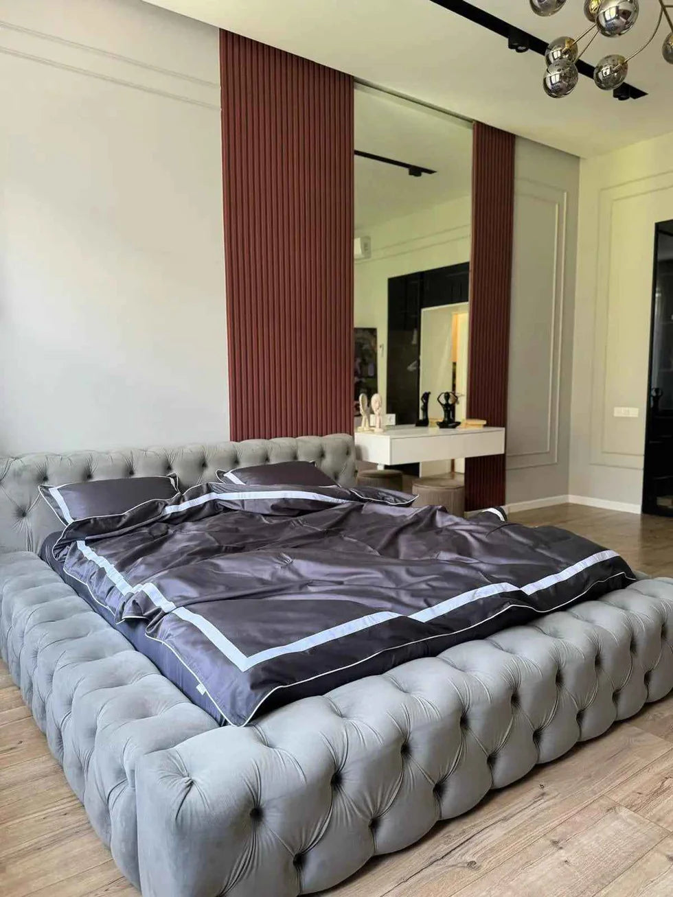 Mercerized Satin Cotton Bedding in Concrete Grey & White – 100% Turkish Cotton, 140 g/m², Oxford Finish with Piping