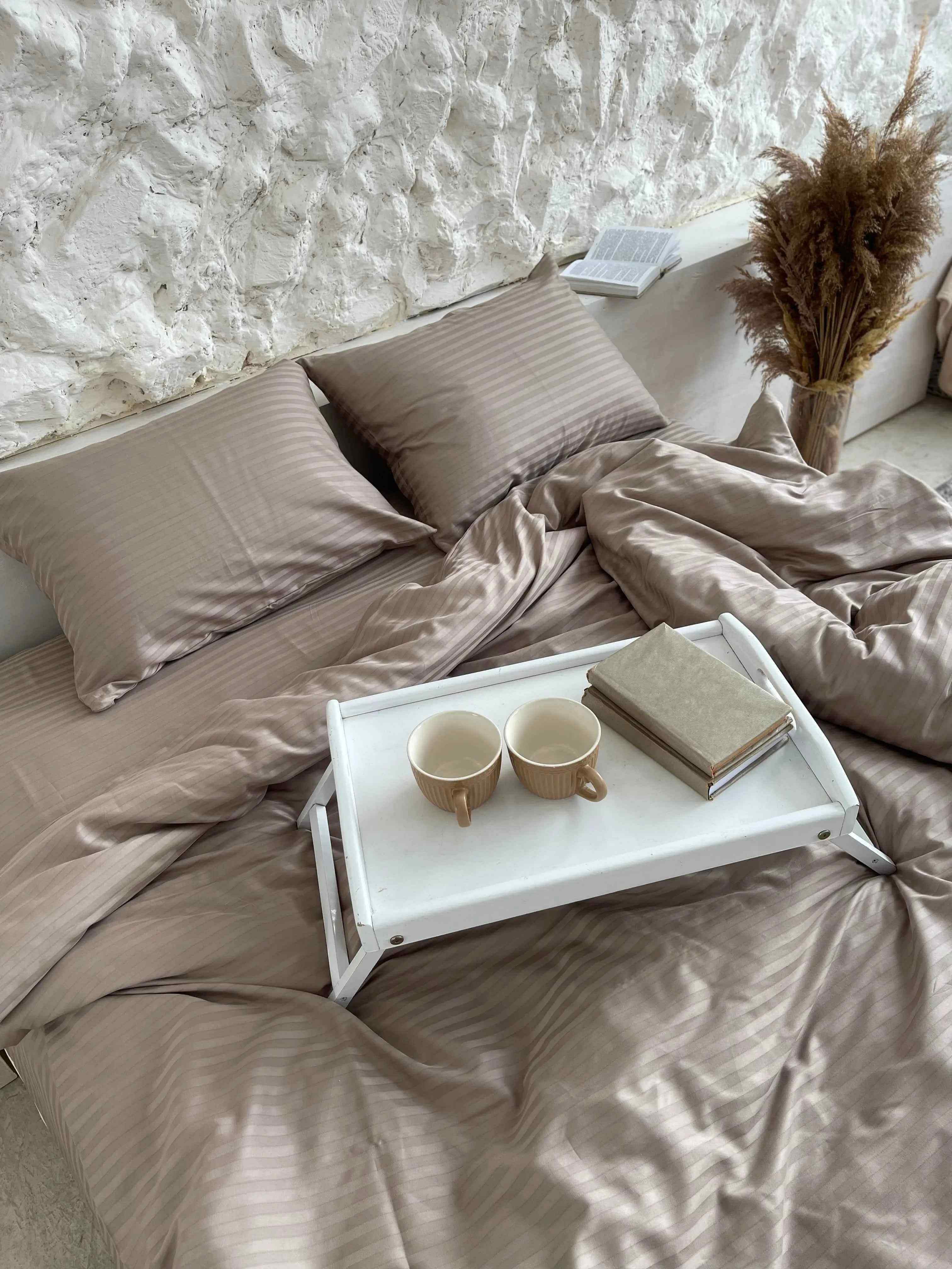 Striped Satin Bedding – Taupe, 100% Turkish Cotton, 140 g/m², Hotel Luxury