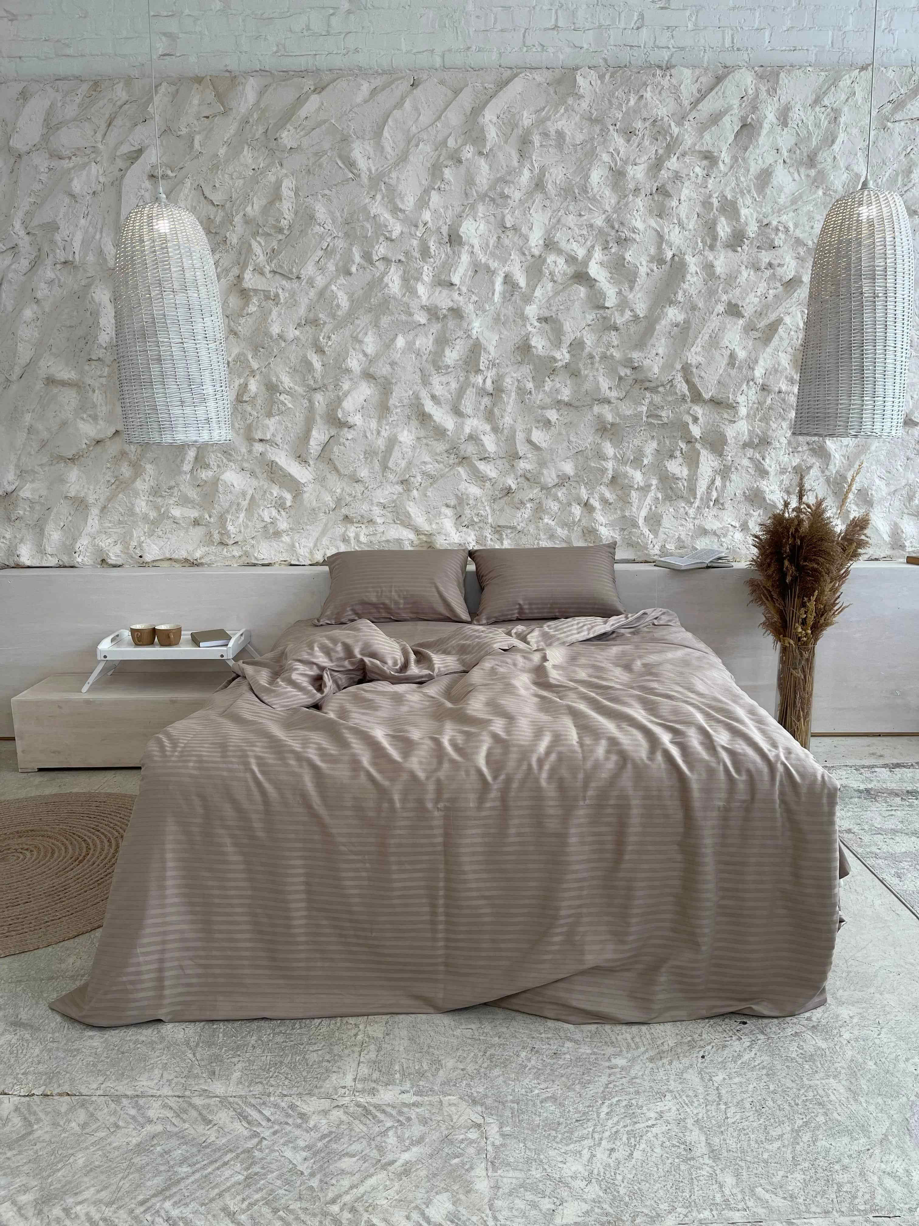 Striped Satin Bedding – Taupe, 100% Turkish Cotton, 140 g/m², Hotel Luxury