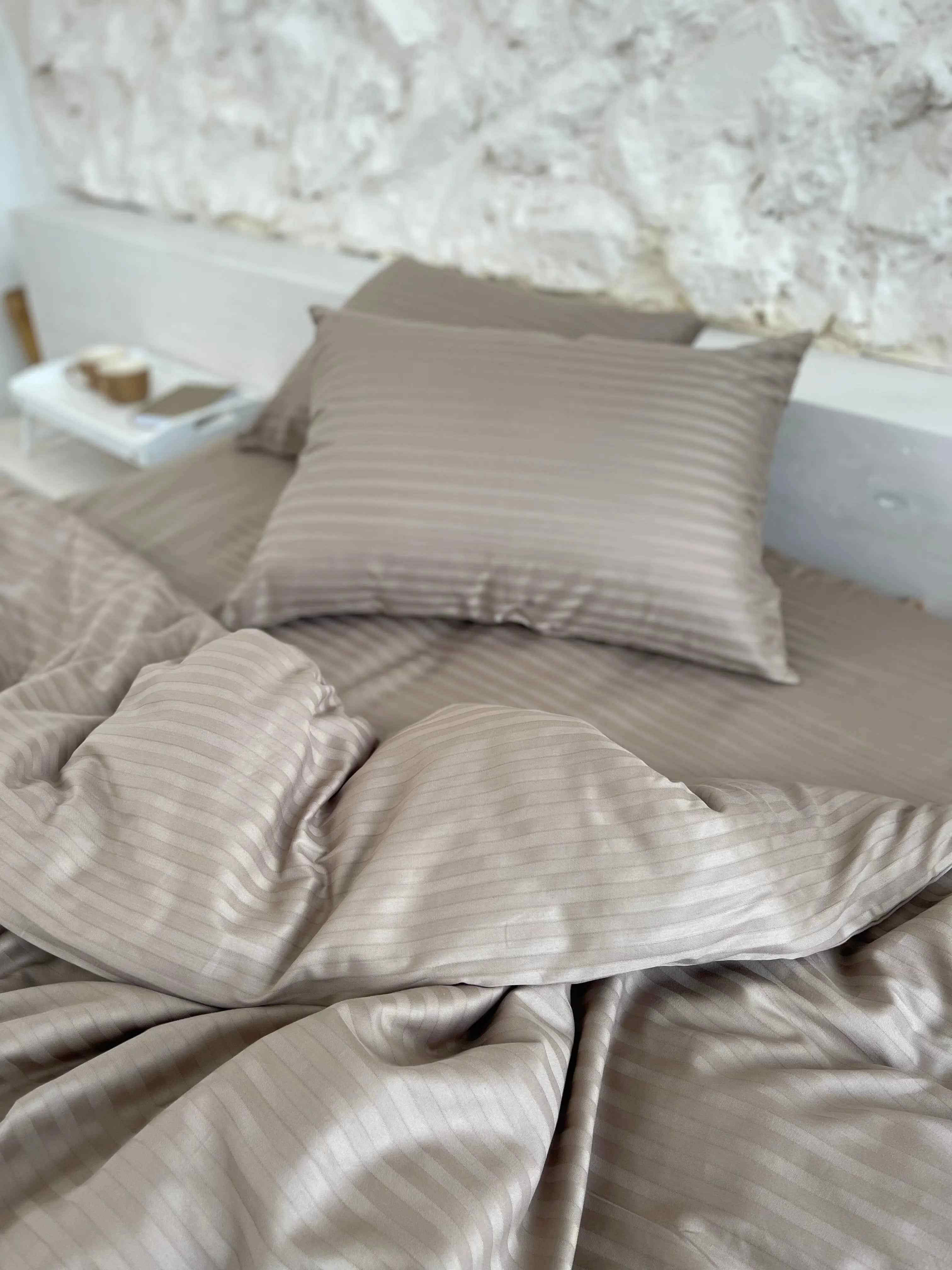 Striped Satin Bedding – Taupe, 100% Turkish Cotton, 140 g/m², Hotel Luxury