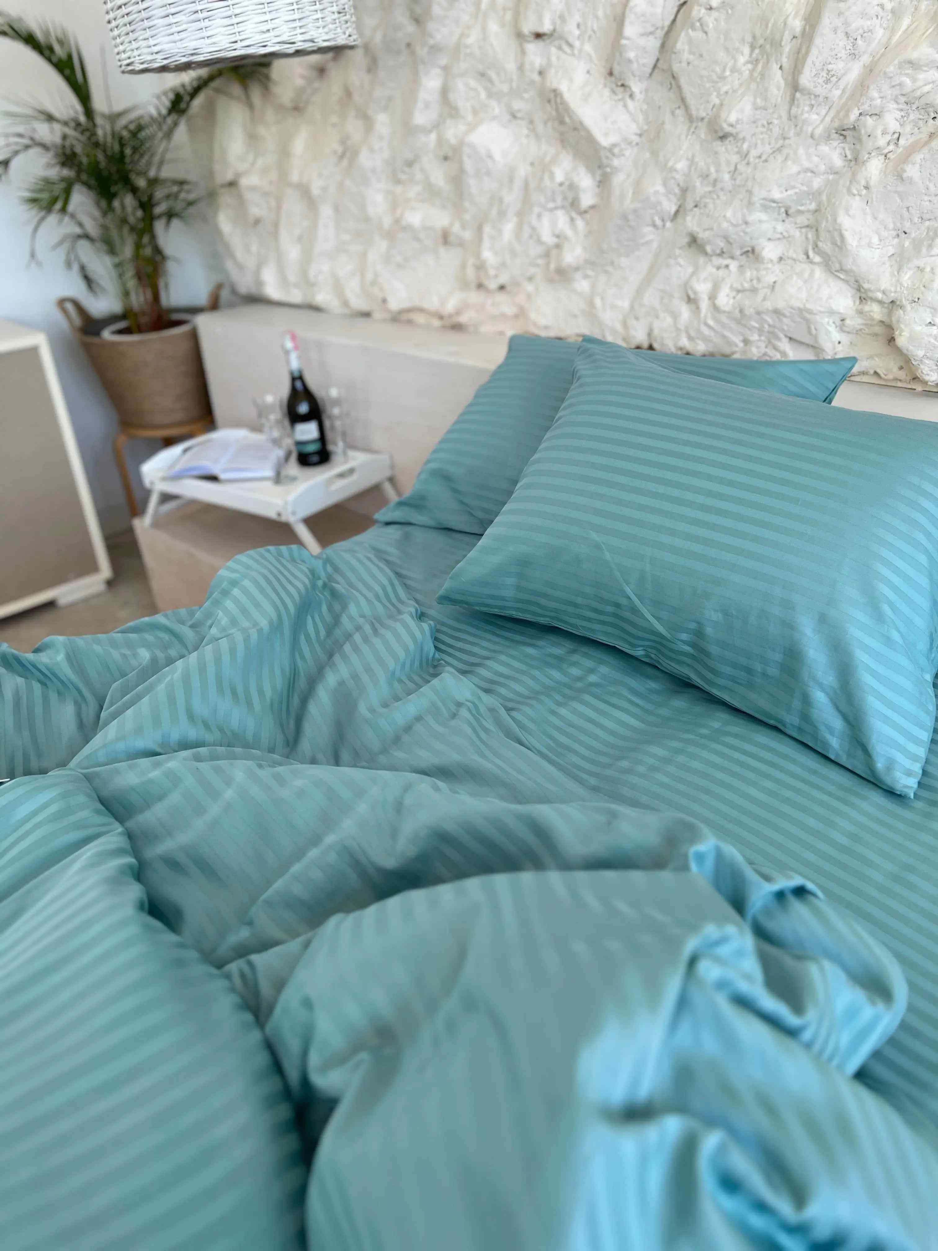 Striped Satin Bedding – Turquoise, 100% Turkish Cotton, 140 g/m², Hotel Luxury