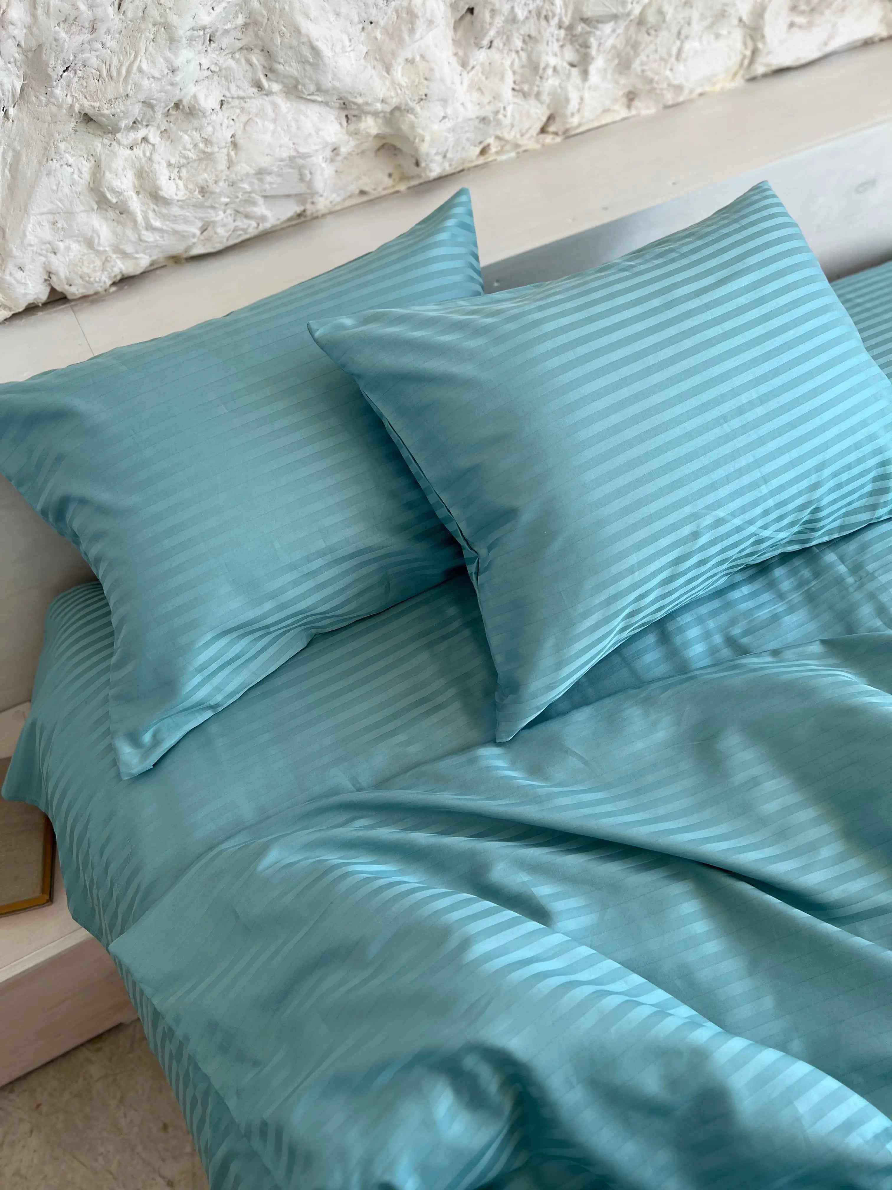 Striped Satin Bedding – Turquoise, 100% Turkish Cotton, 140 g/m², Hotel Luxury