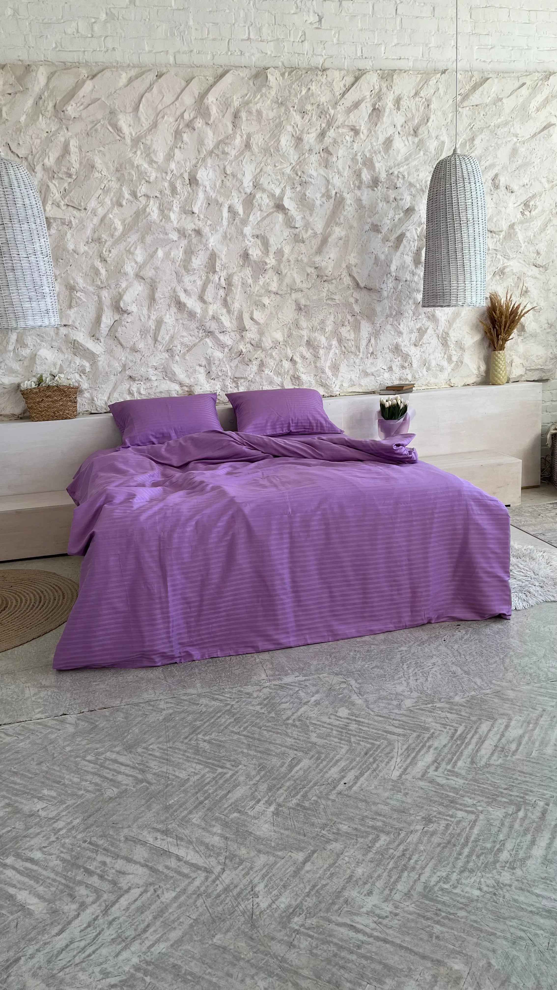 Pościel Satynowa w Paski – Fioletowa, 100% Bawełna Turecka, 140g, Luksus Hotelowy