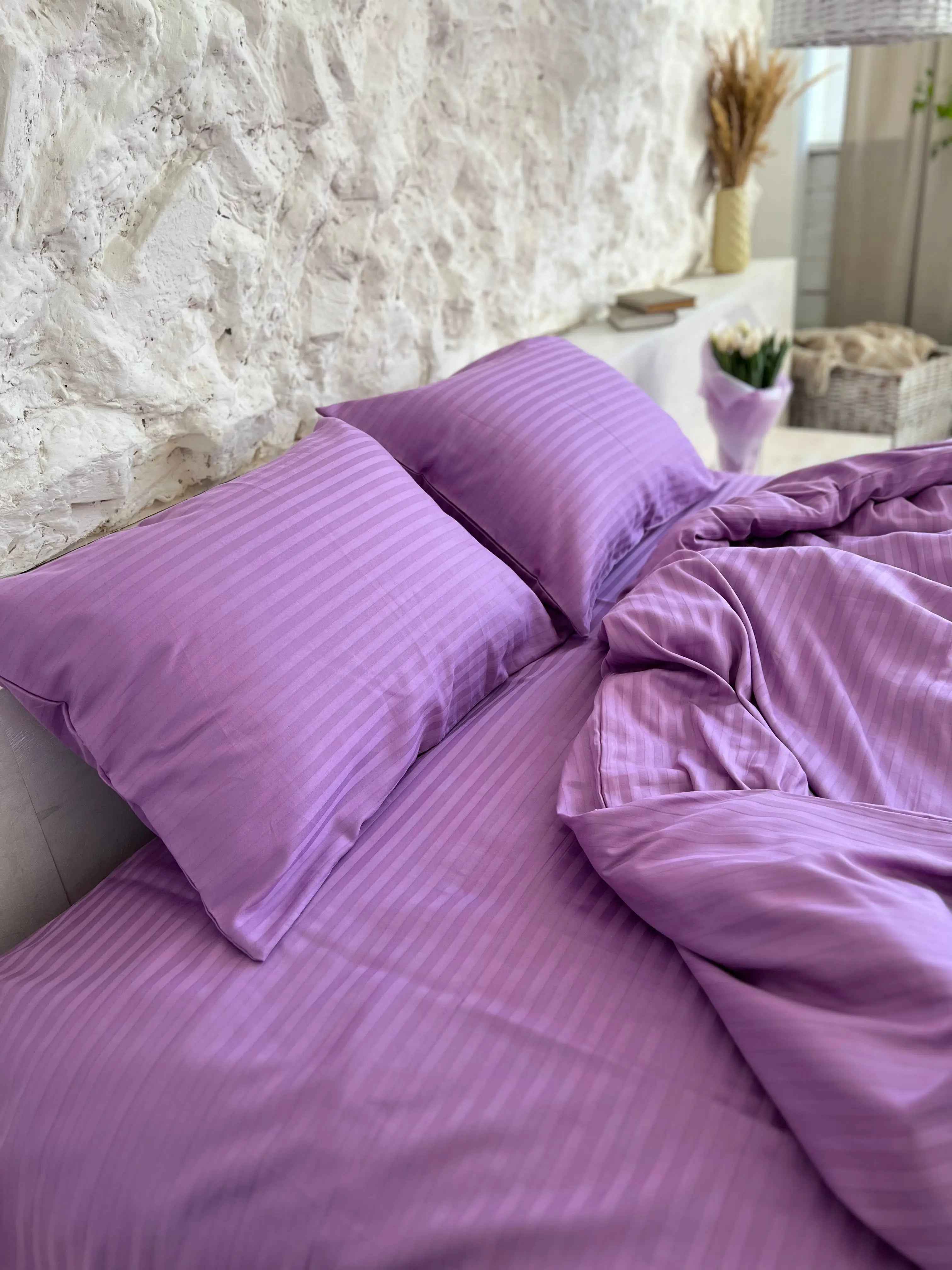 Striped Satin Bedding – Purple, 100% Turkish Cotton, 140 g/m², Hotel Luxury