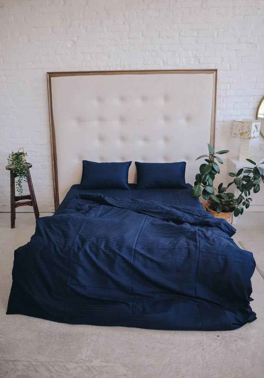 Striped Satin Bedding – Blue, 100% Turkish Cotton, 140 g/m², Hotel Luxury