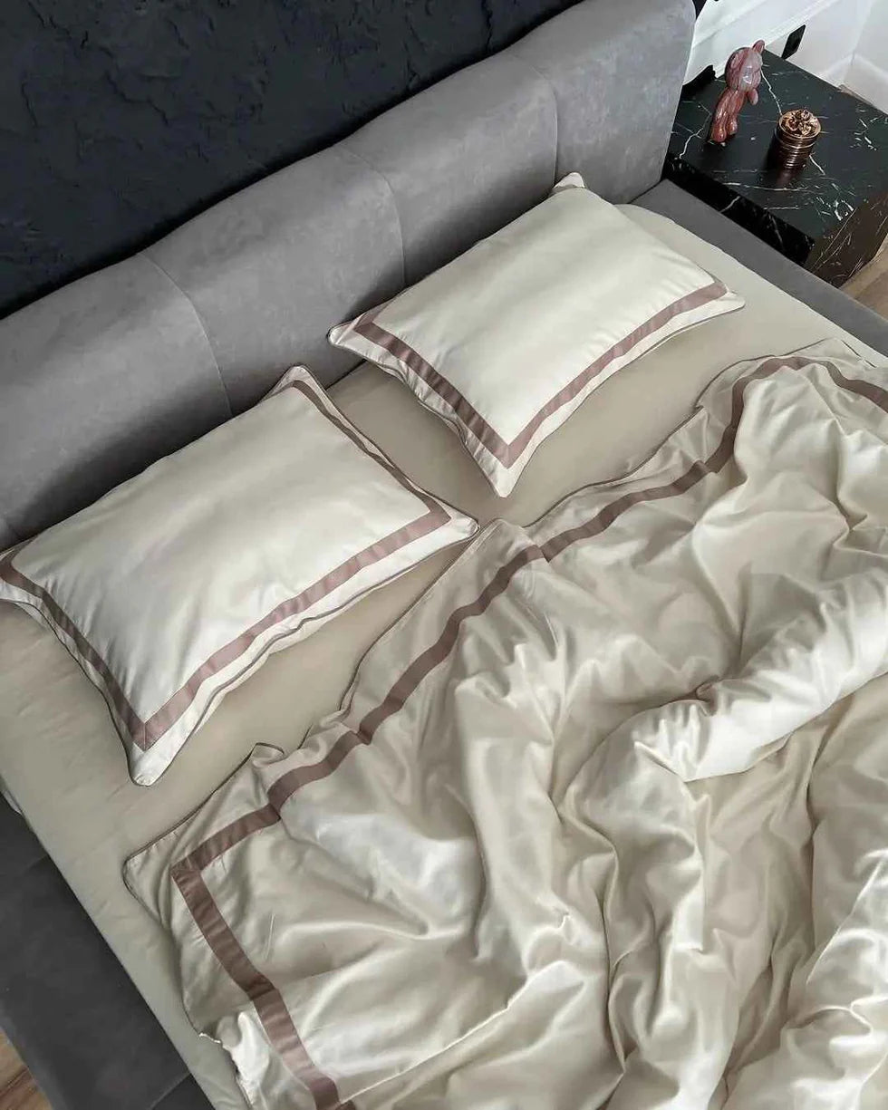 Mercerized Cotton Satin Bedding – Champagne & Cocoa, 100% Turkish Cotton, 140 g/m², Oxford Finish, Piping