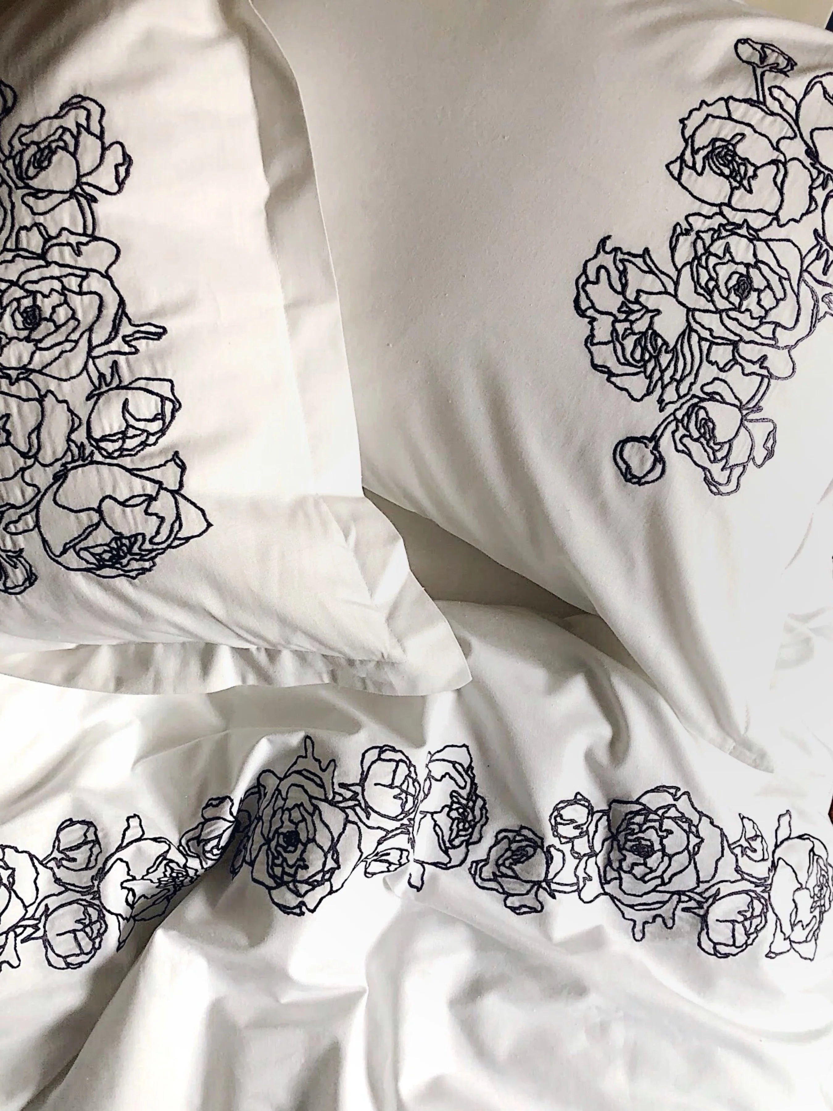 Embroidered Mercerized Turkish Cotton Satin Bedding – White with Grey Peony Embroidery, 140 g/m²