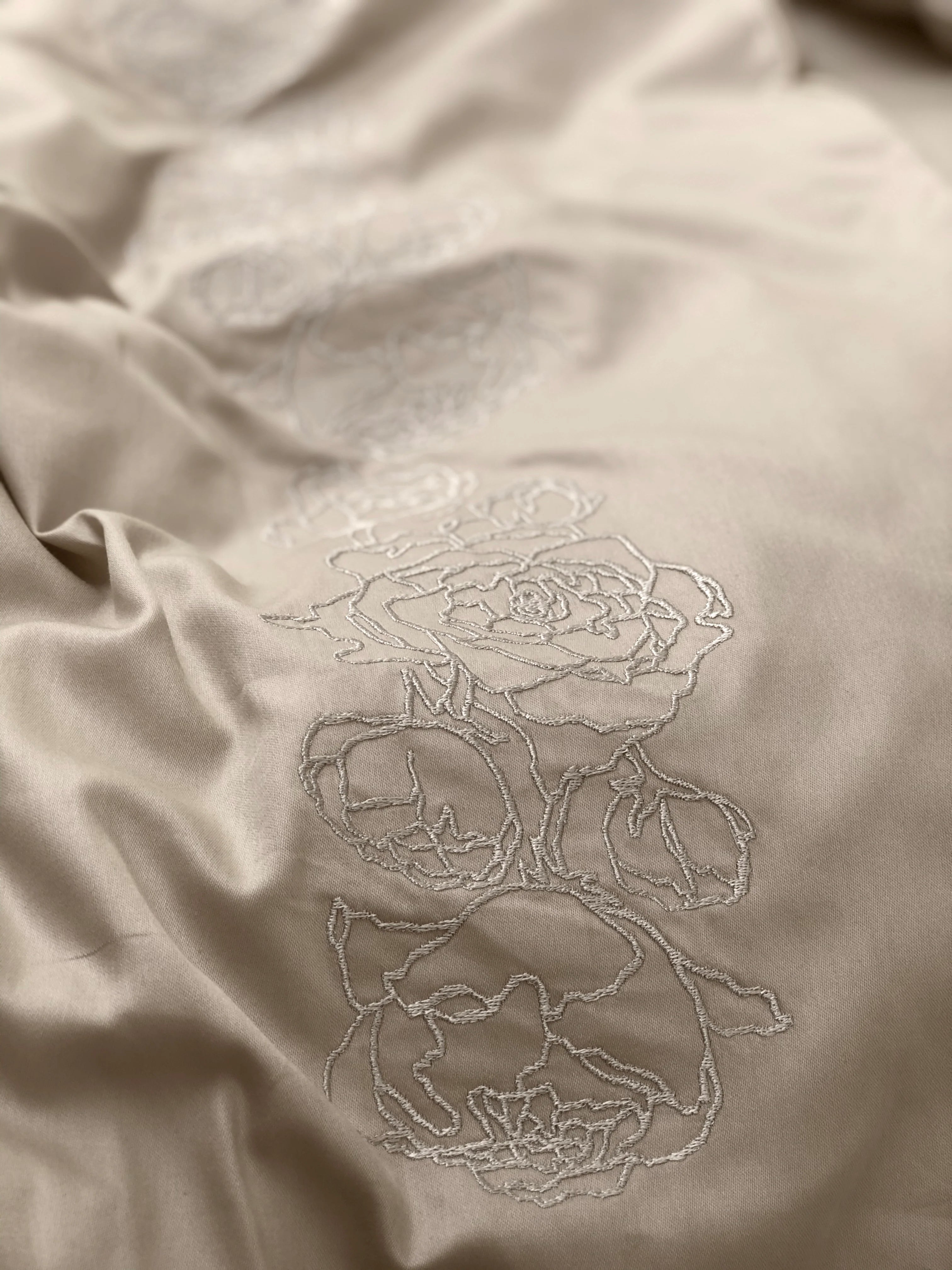 Embroidered Mercerized Turkish Cotton Satin Bedding – Latte with Peony Embroidery, 140 g/m²