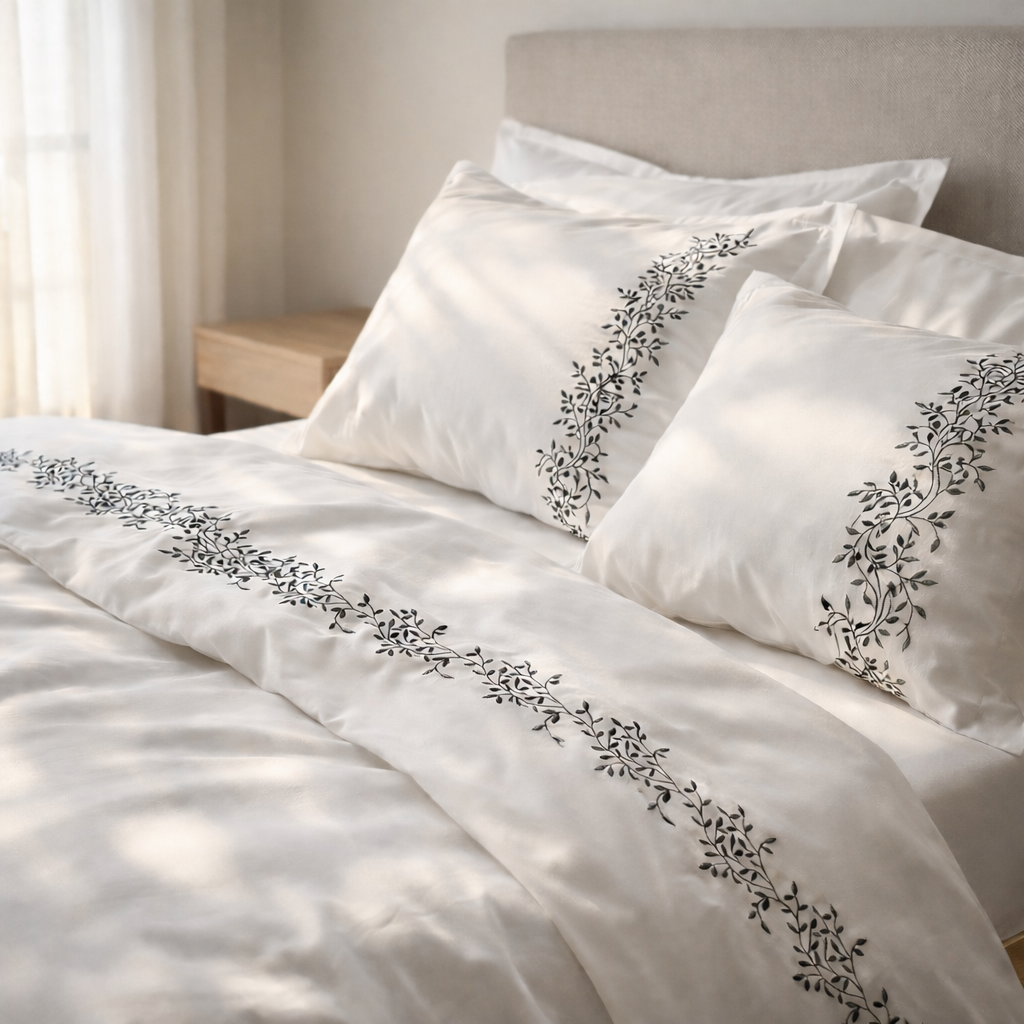 Embroidered Mercerized Turkish Cotton Satin Bedding – White with Grey Branch Embroidery, 140 g/m²