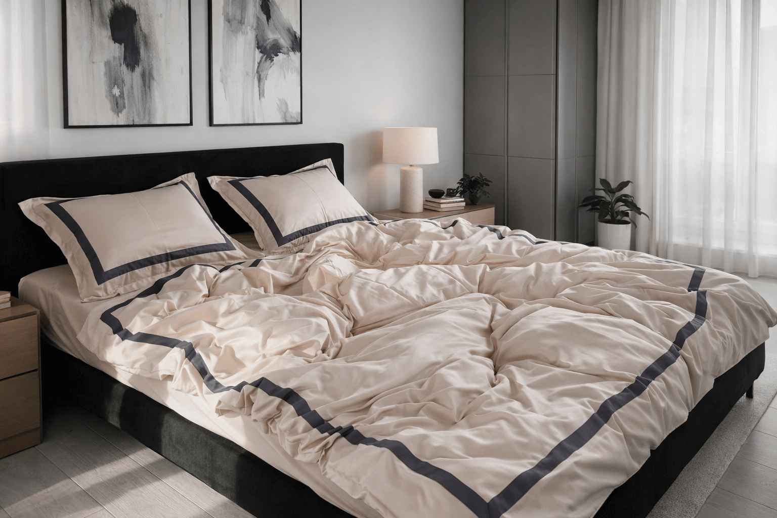 Mercerized Cotton Satin Bedding – Nude & Grey, 100% Turkish Cotton, 140 g/m² Oxford Finish
