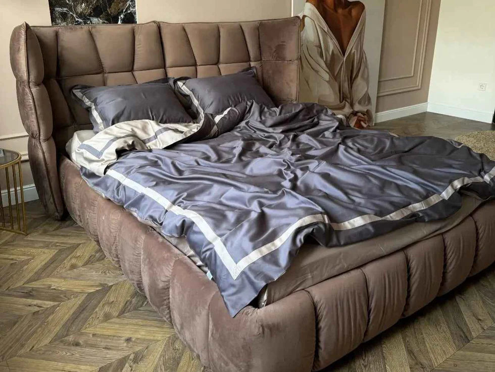 Mercerized Satin Cotton Bedding in Silver Blue & Champagne – 100% Turkish Cotton, 140 g/m² Oxford Finish