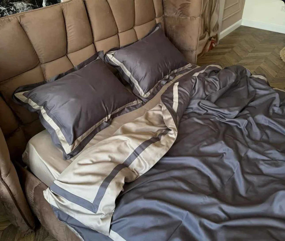 Mercerized Satin Cotton Bedding in Silver Blue & Champagne – 100% Turkish Cotton, 140 g/m² Oxford Finish