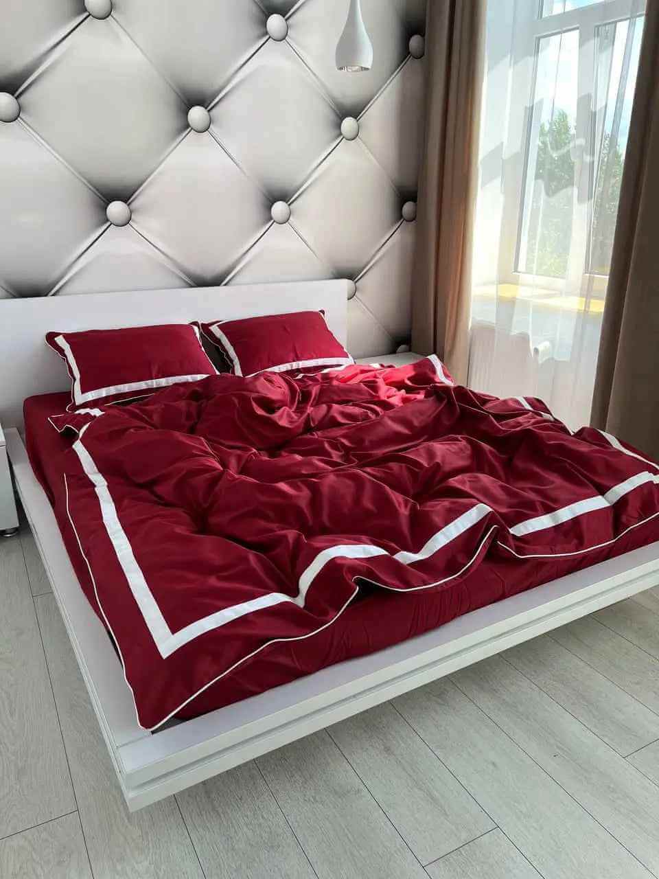 Mercerized Satin Cotton Bedding in Rose Red & White – 100% Turkish Cotton, 140 g/m², Oxford Finish with Piping