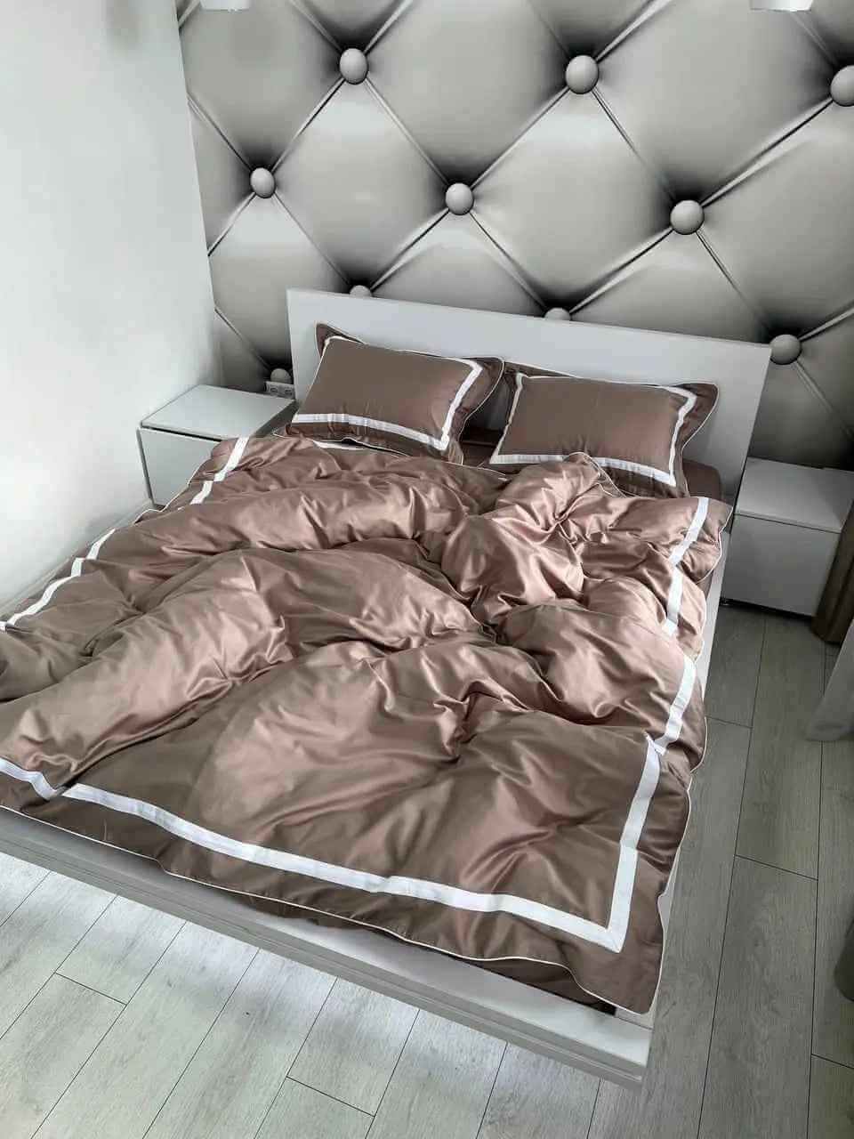 Mercerized Satin Cotton Bedding in Cocoa & White – 100% Turkish Cotton, 140 g/m², Oxford Finish with Piping