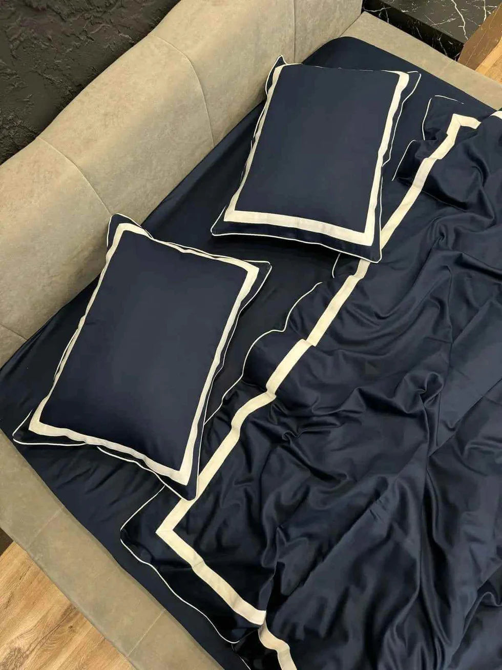 Mercerized Satin Cotton Bedding in Navy & White – 100% Turkish Cotton, 140 g/m², Oxford Finish with Piping