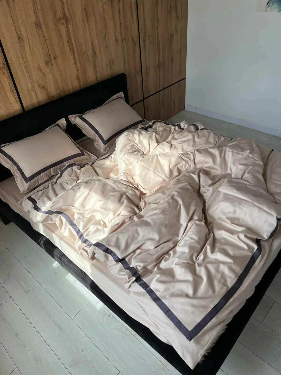 Mercerized Cotton Satin Bedding – Nude & Grey, 100% Turkish Cotton, 140 g/m² Oxford Finish