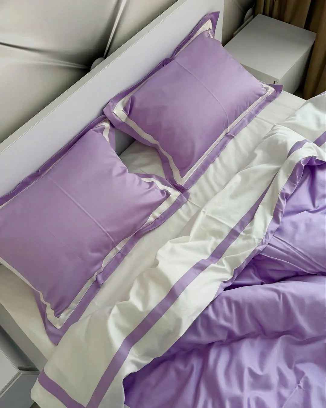 Mercerized Cotton Satin Bedding – Lavender & Cream, 100% Turkish Cotton, 140 g/m², Oxford Finish