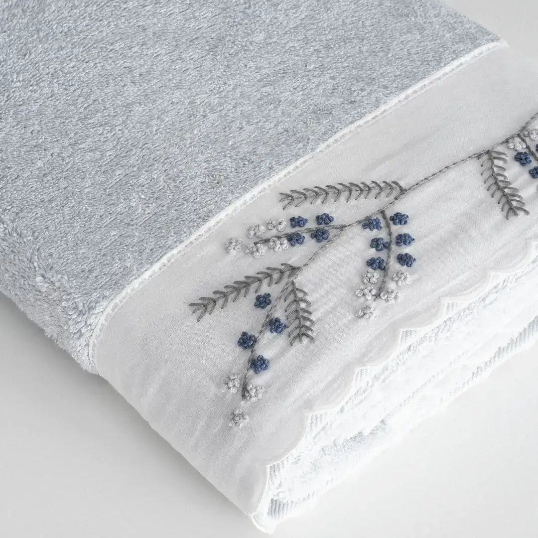 Derin Bath Towel Set (2 Pieces) – Women’s, 100% Organic Cotton, Hand-Embroidered, Light Blue
