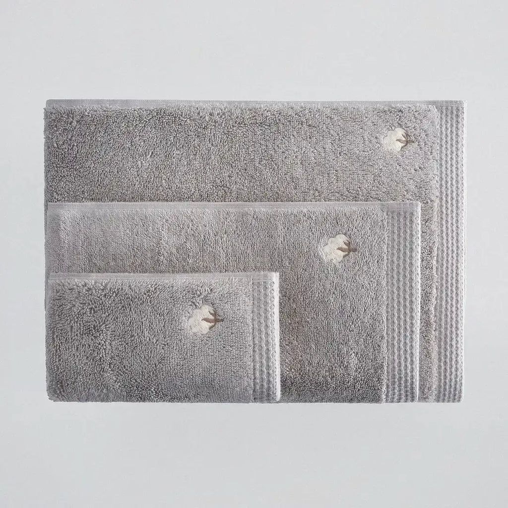 Pure Cotton Embroidered Towel Set (3 Pieces) – Organic Cotton, Grey