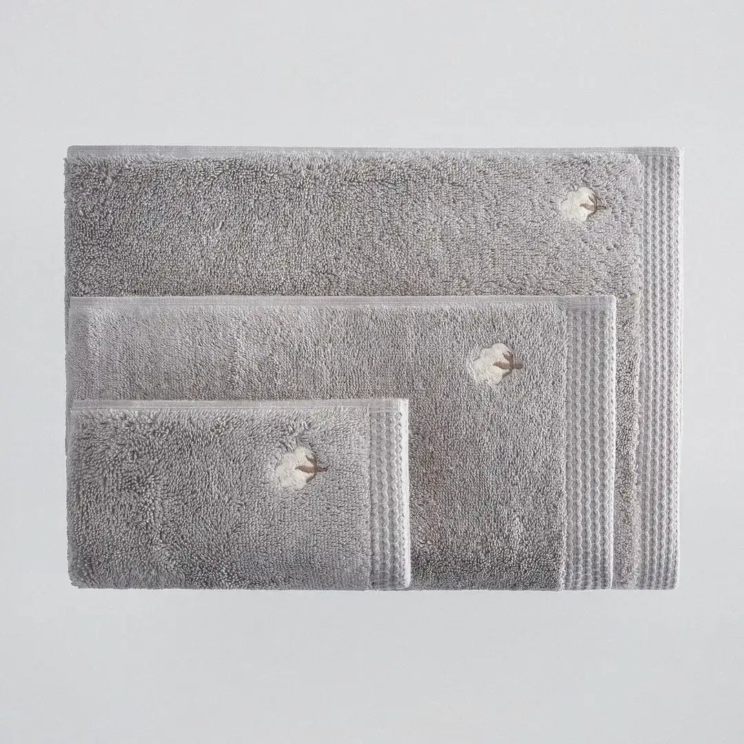 Pure Cotton Embroidered Towel Set (3 Pieces) – Organic Cotton, Grey
