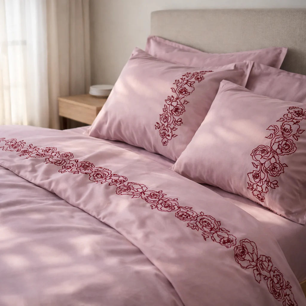 Embroidered Mercerized Turkish Cotton Satin Bedding – Pink with Burgundy Peony Embroidery, 140 g/m²