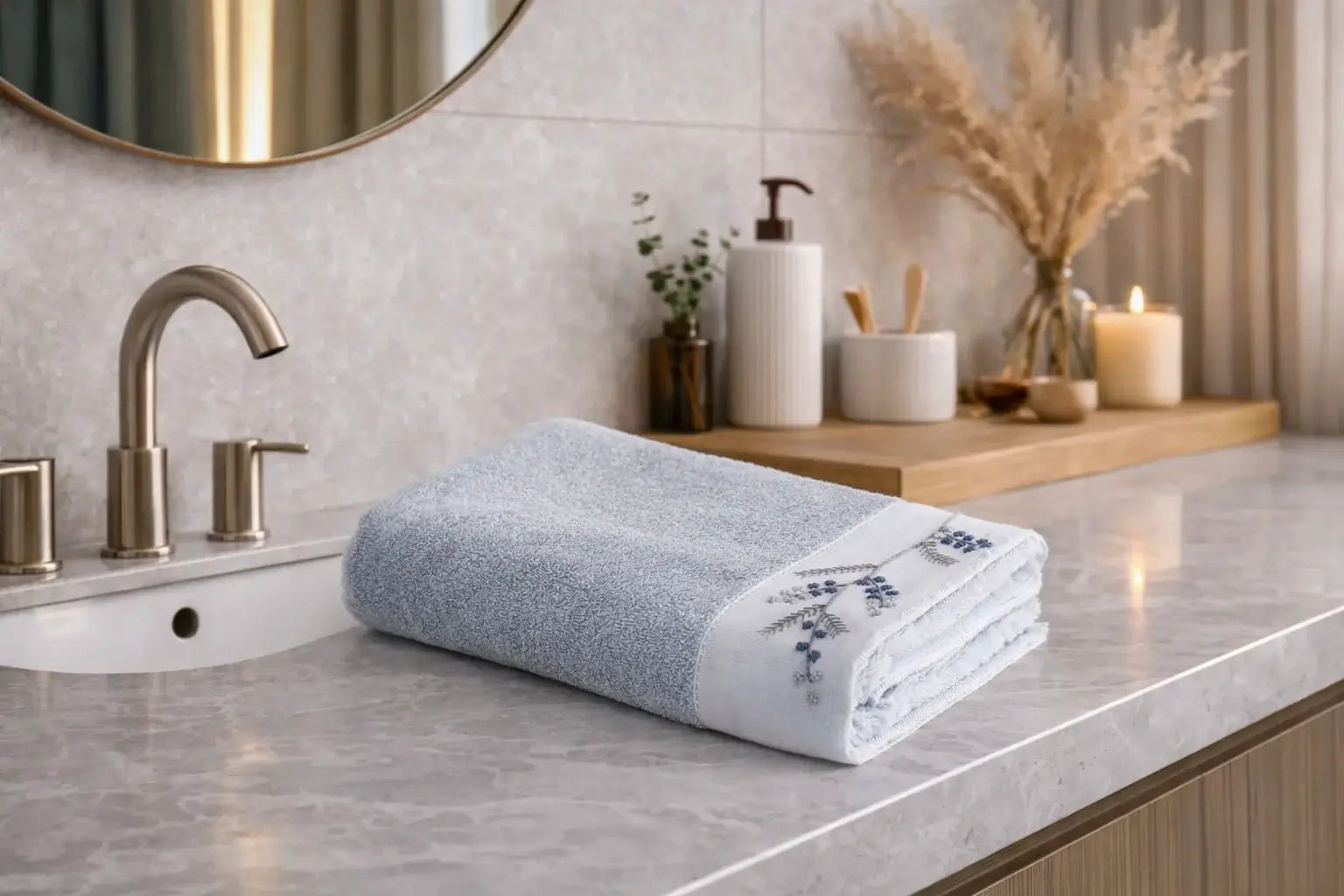 Derin Bath Towel Set (2 Pieces) – Women’s, 100% Organic Cotton, Hand-Embroidered, Light Blue