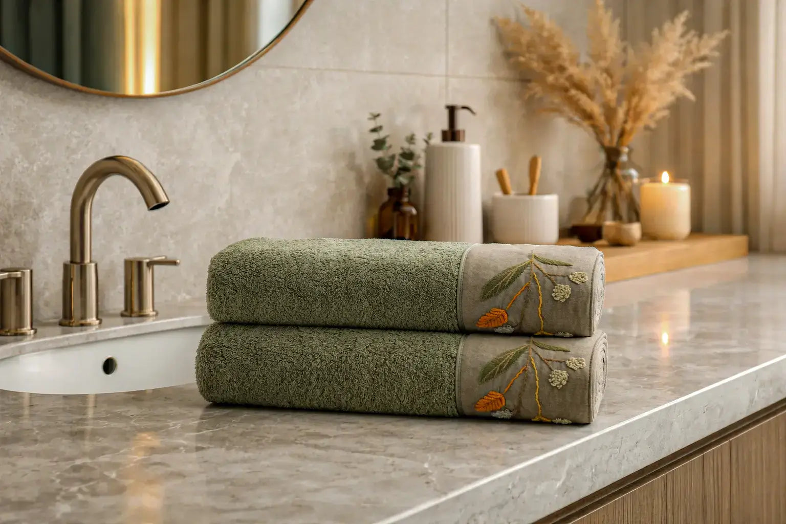 Farah  2-Piece Bath Towel Set Made from 100% Organic Cotton with Hand Embroidery – Green